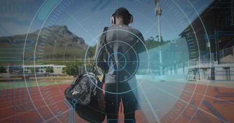 Animation of digital data processing over disabled male athlete walking on racing track - Powered by Adobe