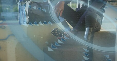 Animation of digital data processing over disabled male athlete taking off running blades - Powered by Adobe