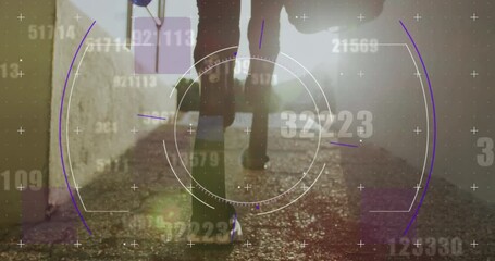 Animation of digital data processing over disabled male athlete with running blades on running track - Powered by Adobe