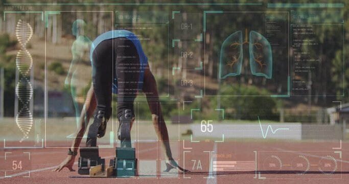 Animation of digital data processing over disabled male athlete with running blades on running track - Powered by Adobe