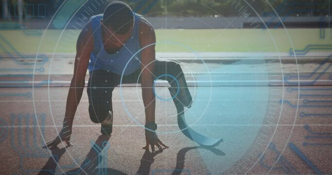 Animation of digital data processing over disabled male athlete with running blades on running track - Powered by Adobe