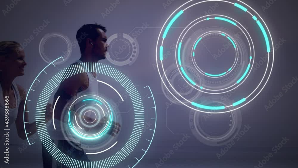 Poster animation of digital data processing with scopes scanning over man and woman running