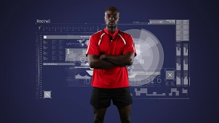Animation of african american male rugby player over digital data processing on screen - Powered by Adobe
