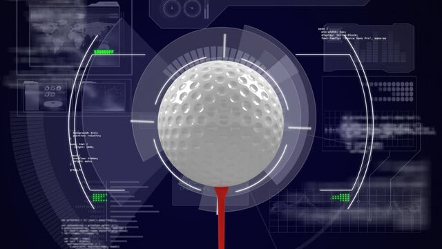 Animation of digital data processing on screen over golf ball