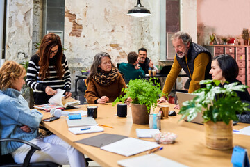 Mature colleagues discussing project.