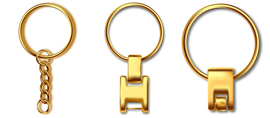 Leather keychain, trinket keyring mockup. Keyholder and breloque illustration. Keyring holders isolated on white background. Blank accessory.