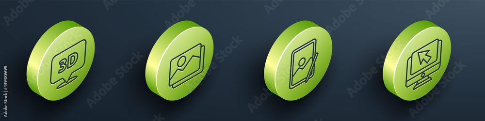 Poster set isometric speech bubble with text 3d, picture landscape, graphic tablet and computer monitor and