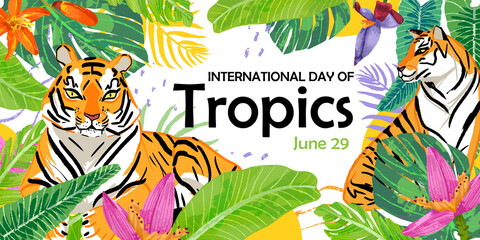 International Day of the Tropics. Colorful illustration with tiger, banana flower and leaves, palm plant on white background