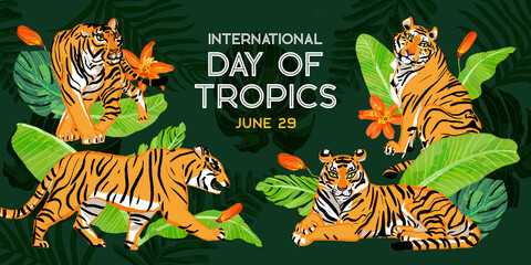 International Day of the Tropics. Digital illustration with tiger, palm and banana leaves