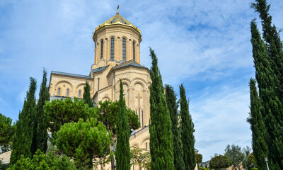 Fototapeta na wymiar The Holy Trinity Cathedral of Tbilisi, also known as Sameba, is the main cathedral of the Georgian Orthodox Church. Tbilisi, Georgia.