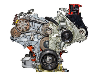 The structure of an internal combustion engine of a modern car on a stand with a partial section of the corps.