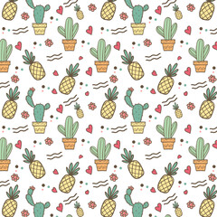 tropical fruit and summer pattern, pineapple and cactus