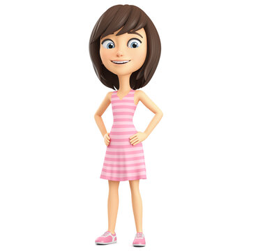 Cartoon character girl in a pink striped dress on a white background. 3d render.