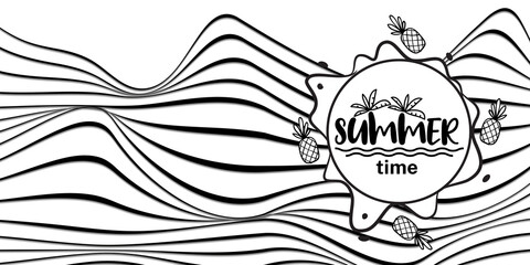 summertime typography with pineapple and wave in black and white