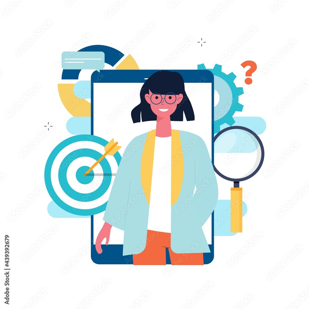 Poster seo, search engine optimization, keyword research, market research flat vector illustration. seo con