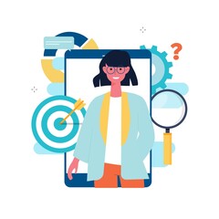 SEO, search engine optimization, keyword research, market research flat vector illustration. SEO concept. Web site coding, internet search optimization design for mobile and web graphics