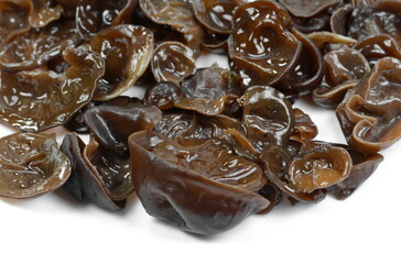 Jews ear (wood ear, Auricularia auricula, Hirneola polytricha, jelly ear, pepeao, Judas's Ear), isolated on white. Used in folk medicine for complaints including sore throats, sore eyes and jaundice.