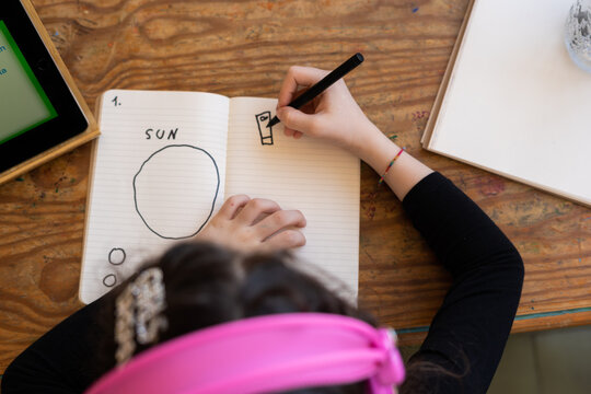 Top view of little girl drawing the solar system at home