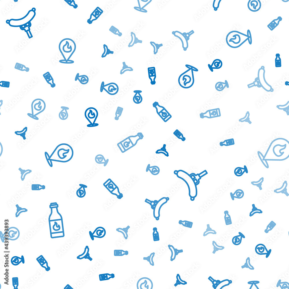 Poster set line tabasco sauce, sausage on the fork and location with fire flame on seamless pattern. vector