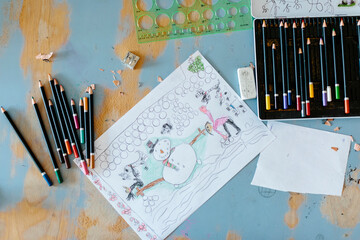 Kid's drawing on table