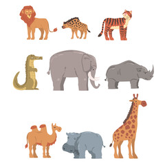 Collection of African Animal, Hippopotamus, Lion, Rhino, Elephant, Crocodile, Wild Predator and Herbivore Jungle Savannah Animals Cartoon Vector Illustration
