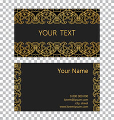 Vector template isolated business card. 3D volumetric convex embossed geometric gold original pattern on a black background. Ethnic motives of the peoples of the East.