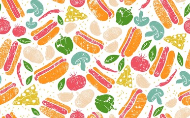 Seamless  Pattern with Hot Dogs and vegetables.  Texture with Food. Vector Background.