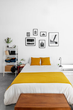 Spacious bedroom with minimalist furniture