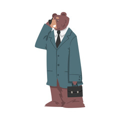 Bear Businessman Talking on Phone, Humanized Brown Animal Character in Business Suit Cartoon Vector Illustration