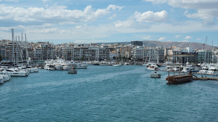 Fototapeta na wymiar Famous seaside area in marina of Zeas or Passalimani, Piraeus, Attica, Greece