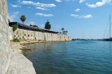Fototapeta na wymiar Famous seaside area in marina of Zeas or Passalimani, Piraeus, Attica, Greece