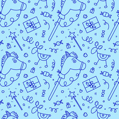 Cute seamless vector pattern. Children toys, gift boxes, candies and confetti on blue background. Perfect texture for preschool and school kids