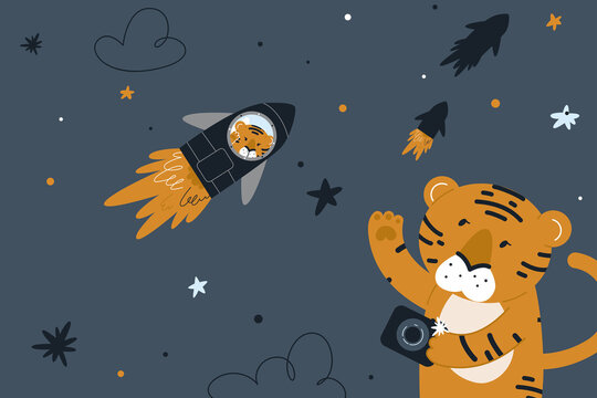 Template for banner. Tiger make photo night sky. Animal concept illustration for nursery, child design
