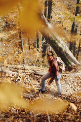 Young male tourist with a backpack walks in the autumn in the park.