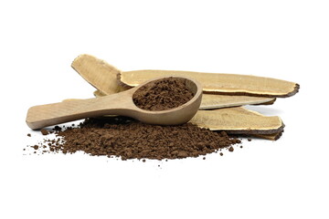 Reishi mushroom powder isolated on white background. Ganoderma Lucidum Karst or lacquered mushroom