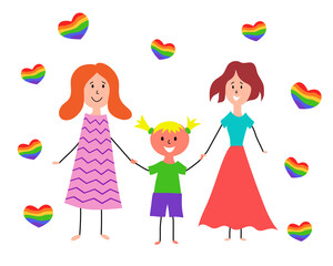 Lgbt family. Children's drawing. Two happy lesbian women with girl. Vector hand drawing illustration.