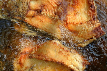 fried pieces of carp fish in a pan.