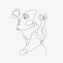 Woman head with butterfly composition. Hand-drawn vector line-art illustration. One Line style drawing.