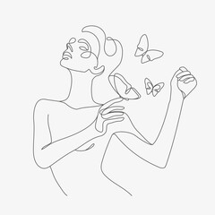 Woman head with butterfly composition. Hand-drawn vector line-art illustration. One Line style drawing.