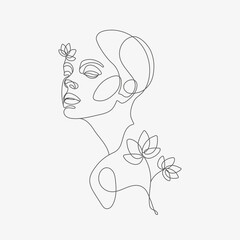 Woman head with flowers composition. Hand-drawn vector line-art illustration. One Line style drawing.