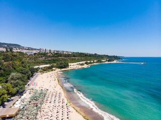 Aerial view of the sand beach and hotels in Varna, Bulgaria. Drone view from above. Summer holidays destination
