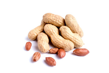 Peeled peanuts and peanut pod isolated on white background.