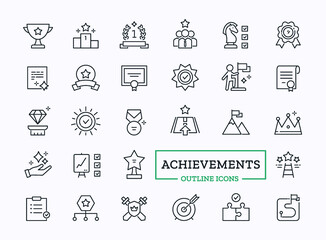 Vector achievements, core values and succes icons. Thin line symbols of crown, diploma, medal, cup, victory for website