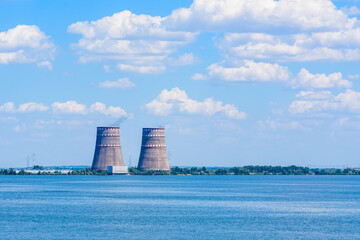 Cooling towers of Zaporizhzhia Nuclear Power Station near the city Enerhodar, Ukraine