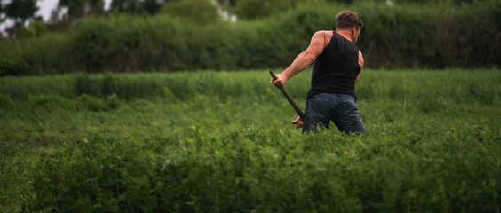 Back view of farmer cropping grass in field, banner shot