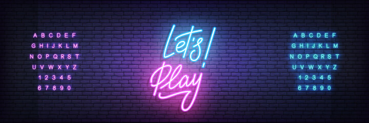 Let's Play neon template. Glowing neon lettering Lets play sign