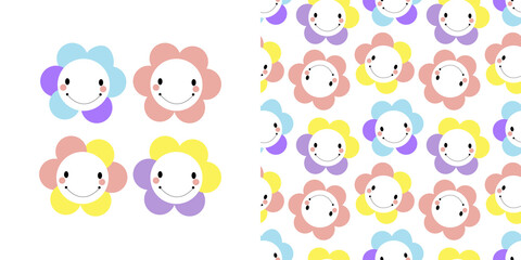 Abstract icons multicolored flowers with faces. Seamless vector pattern with floral smilies on a white background.