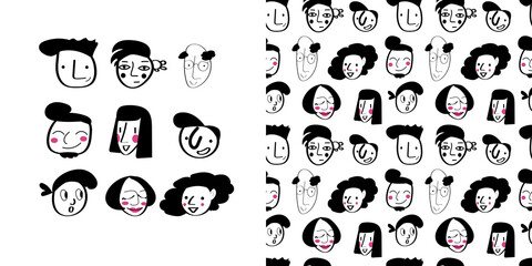 Black and white icons of people faces isolated on white background. Seamless vector abstract pattern with trendy doodle people.