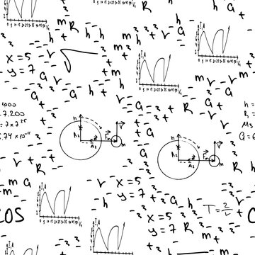 Flat monochrome vector seamless mathematical motif pattern. Cute doodle with algebraic expressions and symbols. Vector illustration , element for design. On a white background. Science. Knowledge.