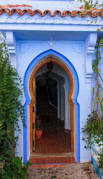 07 August 2018 - Chefchaouen , Morocco : Blue door to a blue house in Chefchaouen, the Blue Pearl, Morocco. 